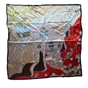 100% Silk Square Scarf Asian Landscape Hot Air Balloon Crane Print Red Gold 26"